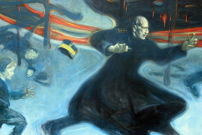 Vebjørn Sand's beautiful painting of King Haakon fleeing when German bombers attacked the small town of Nybergsund on the afternoon of 11 April.